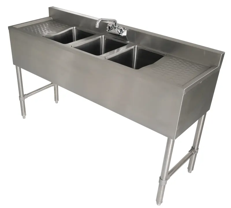 3-Bowl Underbar Sink With Left/Right Drainboards – 21" X 60" X 30"H, Stainless Steel 1