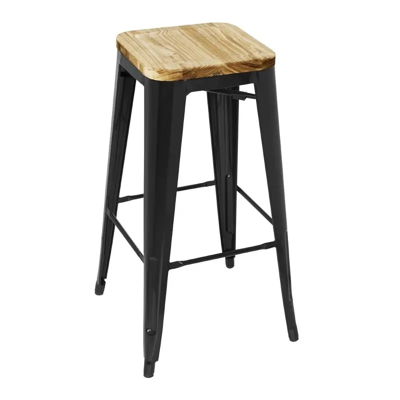 Bolero Black High Metal Bar Stool With Wooden Seat Pad – Model Gm640 1