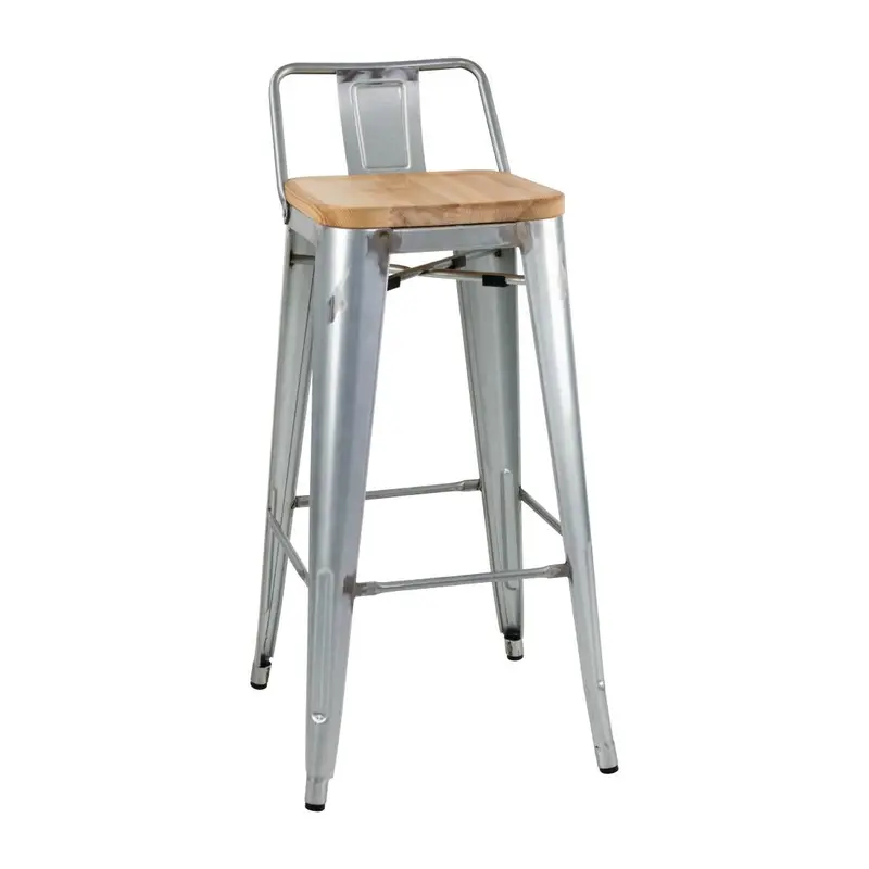 Bolero Galvanised Steel Bistro High Stools With Wooden Seat Pads – 4-Pack 1