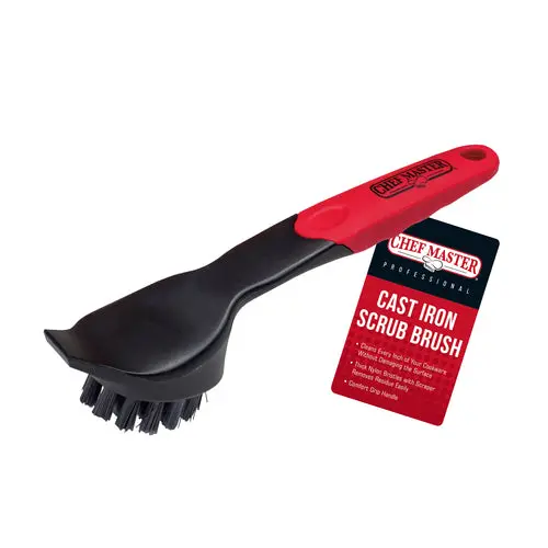 Chef Master 90058 Cast Iron Scrub Brush With Integrated Scraper & Ergonomic Red Grip 1