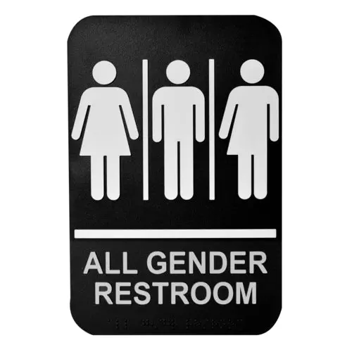 Tablecraft Ada-Certified All-Gender Restroom Sign – Braille-Ready, White-On-Black (9" X 6", 695652) 1