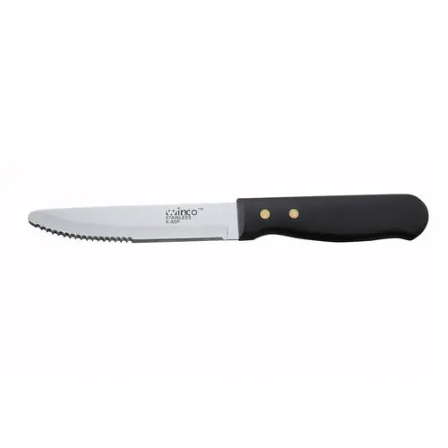 Winco K-85P Jumbo Steak Knife – 5" Serrated Blade, Black Plastic Riveted Handle 1