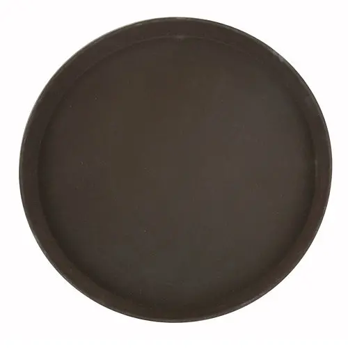Winco Trh-16 16" Round Brown Plastic Serving Tray With Rubber-Lined Base And Comfort Grip 1